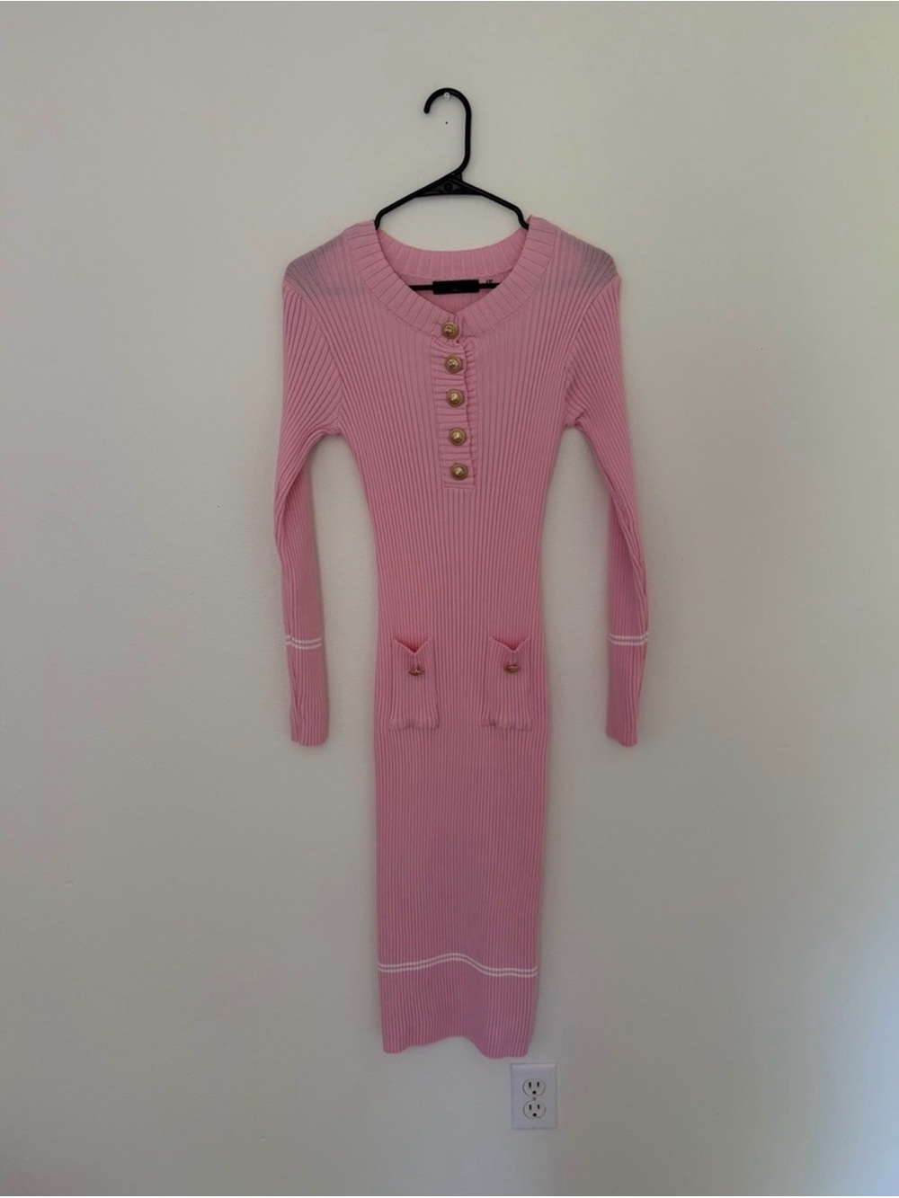 Balmain Paris Pink Ribbed Knit Midi Dress Gold Buttons Made in Italy Women's S